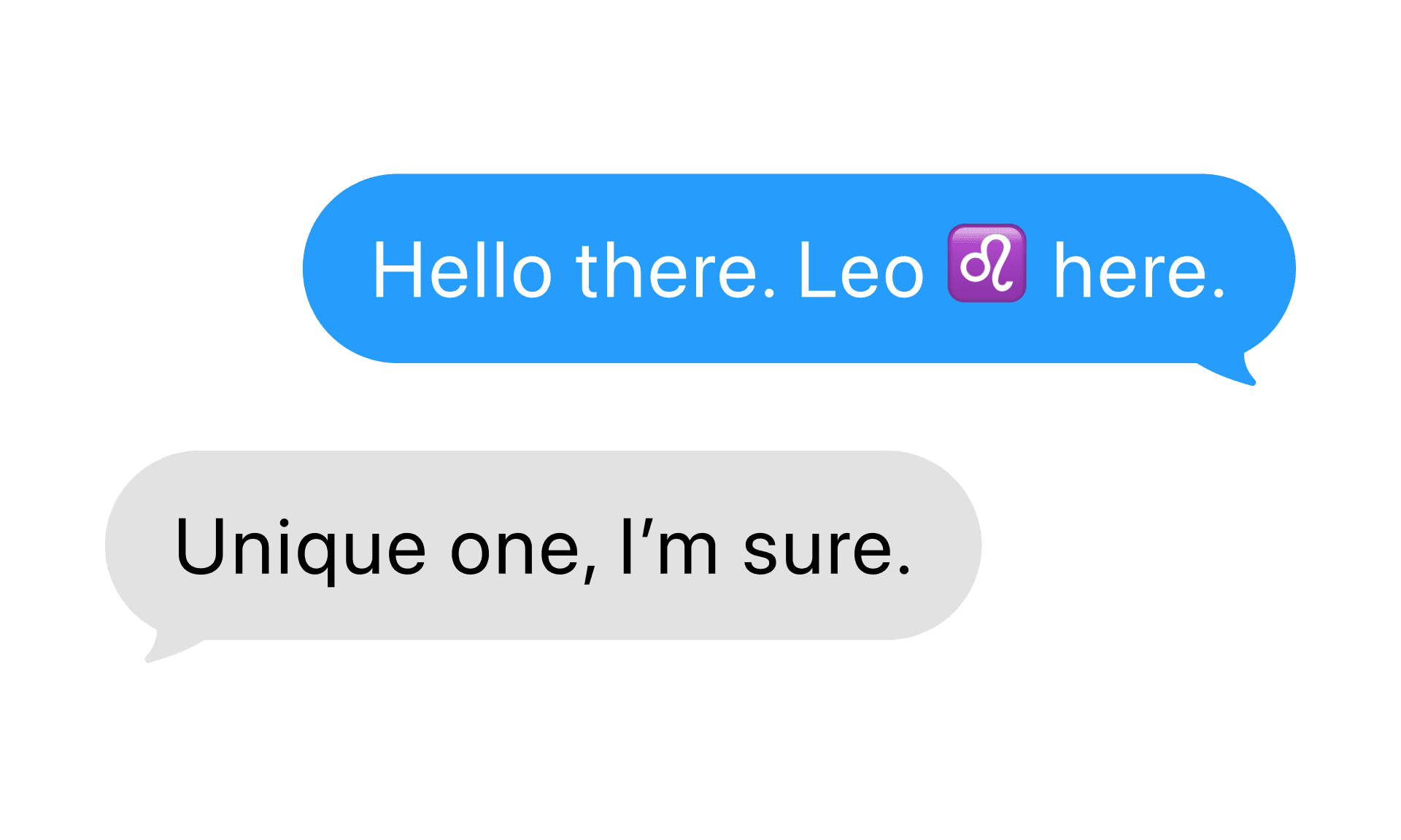 An iMessage thread opening with a hello and a Leo sign.